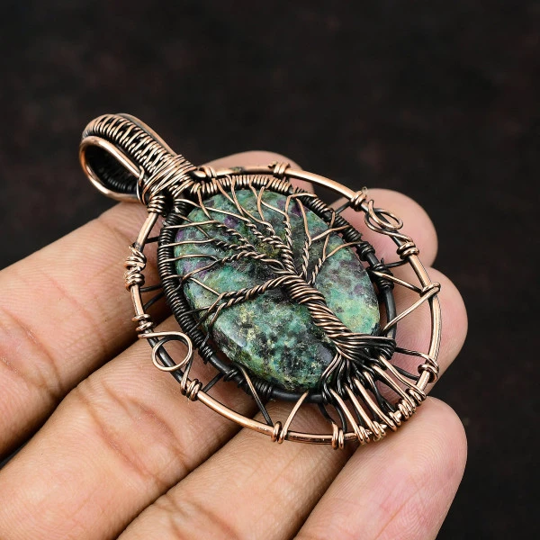 Ruby Zoisite Oval Green Handmade Copper Wire Wrapped Pendant
