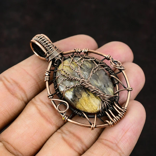 Plume Agate Oval Yellow Handmade Copper Wire Wrapped Pendant