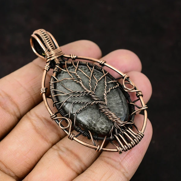 Stingray Coral Oval Gray Handmade Copper Wire Wrapped Pendant
