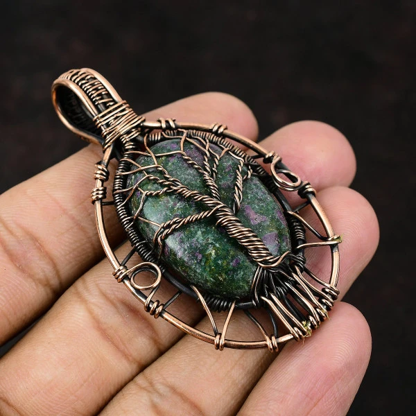 Ruby Zoisite Oval Green Handmade Copper Wire Wrapped Pendant