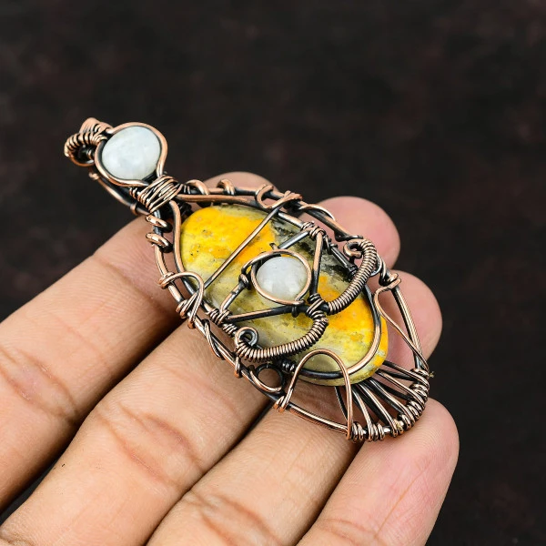 Bumble Bee Jasper Oval Yellow Handmade Copper Wire Wrapped Pendant