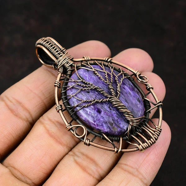 Charoite Oval Purple Handmade Copper Wire Wrapped Pendant