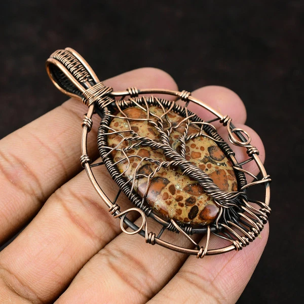 Asteroid Jasper Oval Orange Handmade Copper Wire Wrapped Pendant