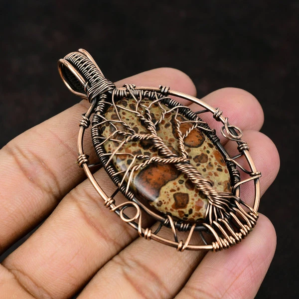 Asteroid Jasper Oval Orange Handmade Copper Wire Wrapped Pendant