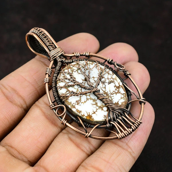 Wild Horse Magnesite Oval White Handmade Copper Wire Wrapped Pendant