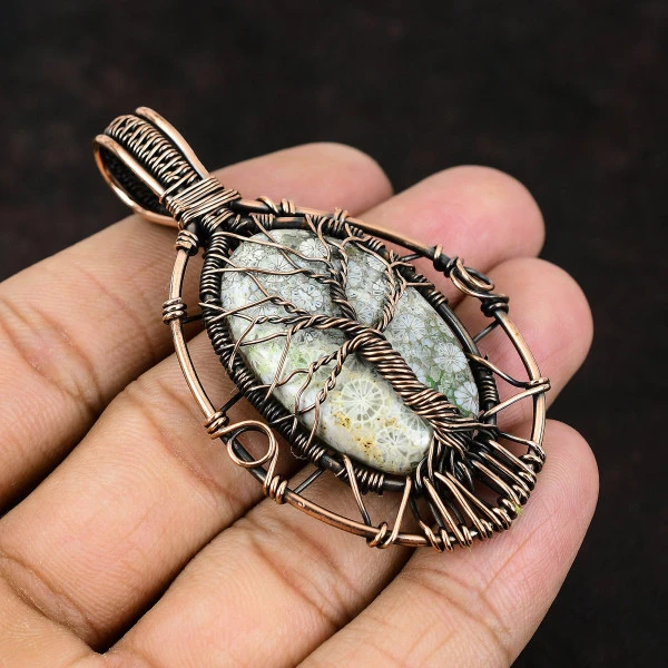 Fossil Coral Oval Gray Handmade Copper Wire Wrapped Pendant