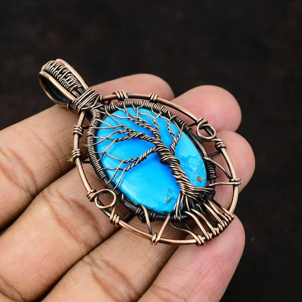 Arizona Turquoise Oval Blue Handmade Copper Wire Wrapped Pendant