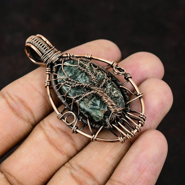 Seraphinite Oval Green Handmade Copper Wire Wrapped Pendant