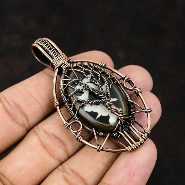 Moroccan Mud Crack Fossil Oval Brown Handmade Copper Wire Wrapped Pendant