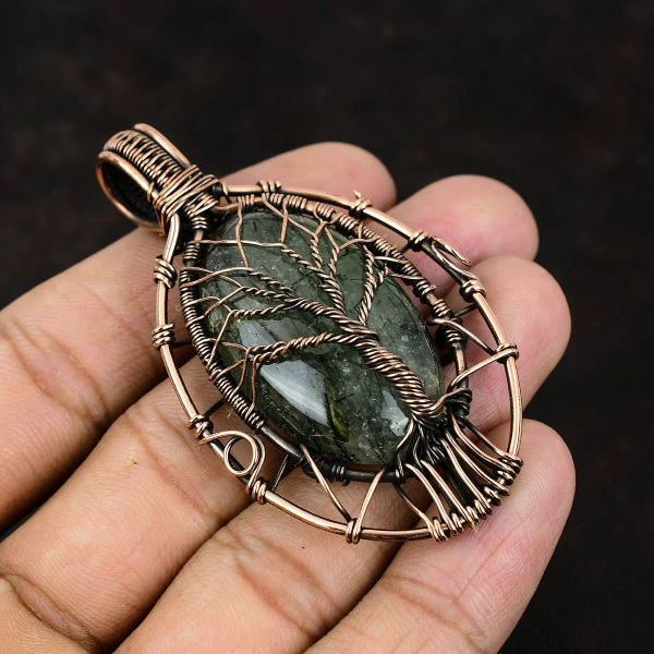Moss Prehnite Oval Green Handmade Copper Wire Wrapped Pendant
