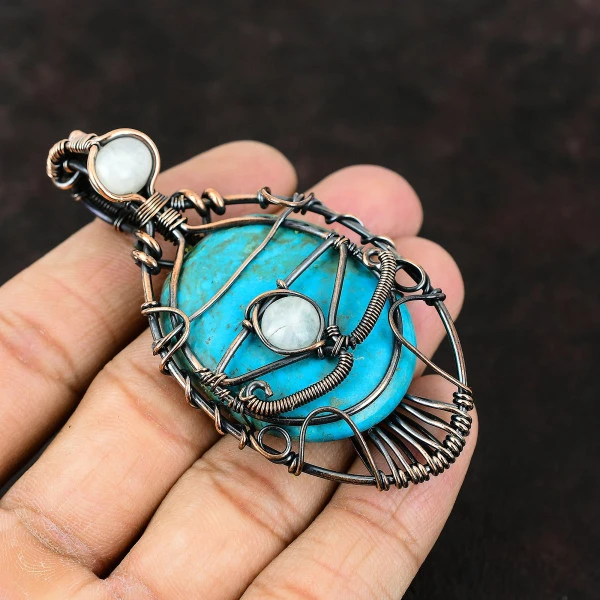 Arizona Turquoise Oval Blue Handmade Copper Wire Wrapped Pendant