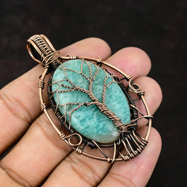 Fossil Coral Oval Yellow Handmade Copper Wire Wrapped Pendant