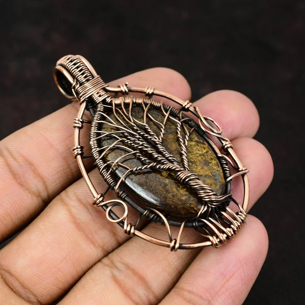 Bloodstone Oval Green Handmade Copper Wire Wrapped Pendant