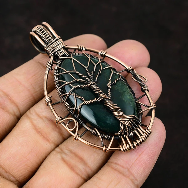 Stichtite Oval Green Handmade Copper Wire Wrapped Pendant