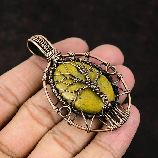 Dendrite Opal Oval White Handmade Copper Wire Wrapped Pendant