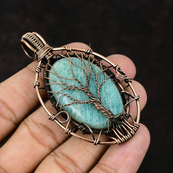 Rhodonite Oval Pink Handmade Copper Wire Wrapped Pendant