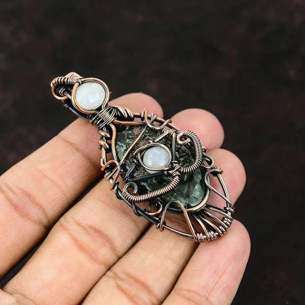 Copper Seraphinite Oval Green Handmade Copper Wire Wrapped Pendant