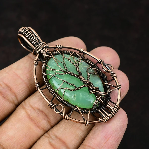 Fossil Coral Oval Yellow Handmade Copper Wire Wrapped Pendant