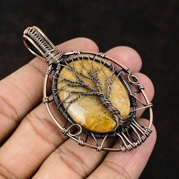 Fossil Coral Oval Gray Handmade Copper Wire Wrapped Pendant
