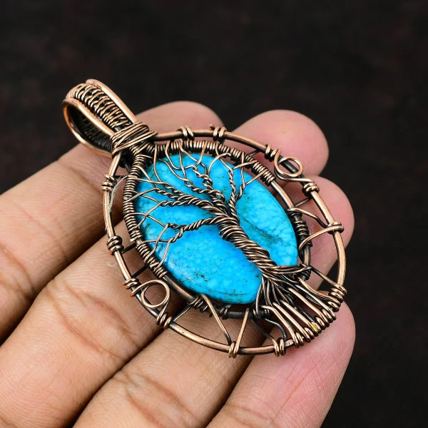 Multi Fluorite Oval Brown Handmade Copper Wire Wrapped Pendant