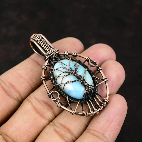 Moroccan Mud Crack Fossil Oval Brown Handmade Copper Wire Wrapped Pendant