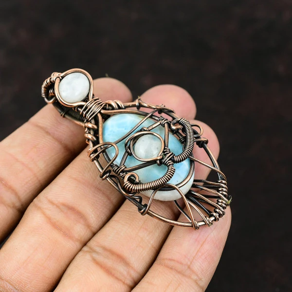 Larimar Oval Blue Handmade Copper Wire Wrapped Pendant