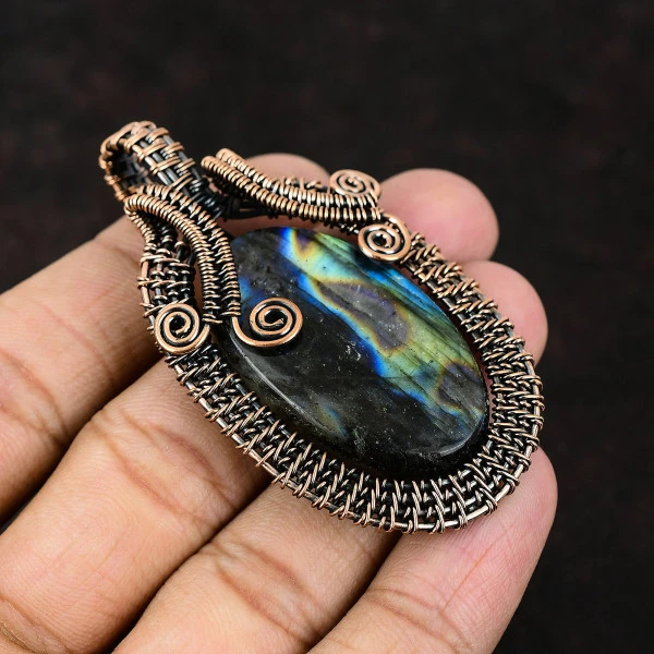 Abalone Shell Oval Green Handmade Copper Wire Wrapped Pendant