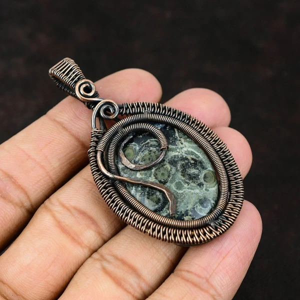 Bumble Bee Jasper Oval Yellow Handmade Copper Wire Wrapped Pendant