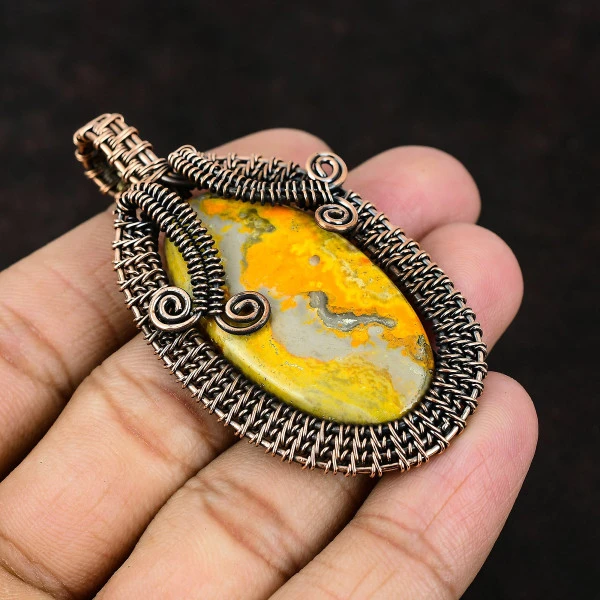 Dendrite Opal Pear White Handmade Copper Wire Wrapped Pendant