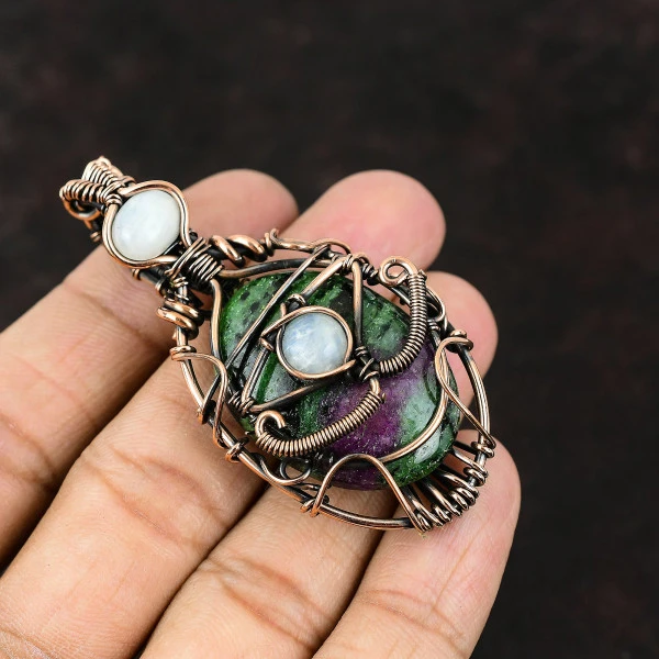 Ruby Zoisite Oval Green Handmade Copper Wire Wrapped Pendant