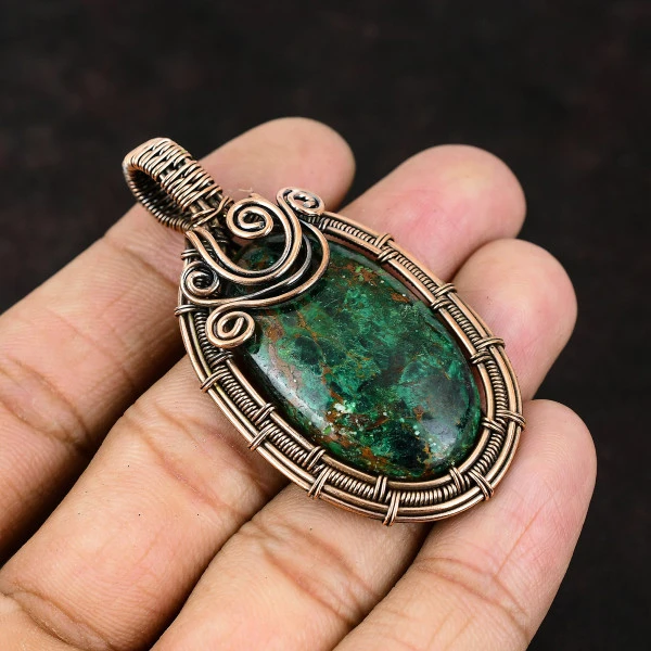 Owyhee Blue Opal Oval Blue Handmade Copper Wire Wrapped Pendant