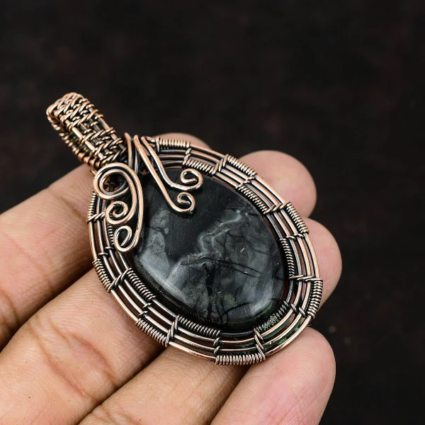 Ocean Jasper Oval Gray Handmade Copper Wire Wrapped Pendant