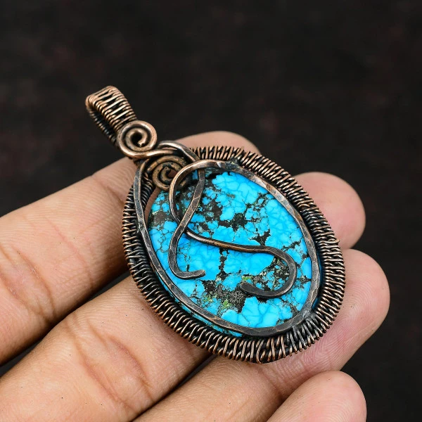 Ocean Jasper Oval Black Handmade Copper Wire Wrapped Pendant