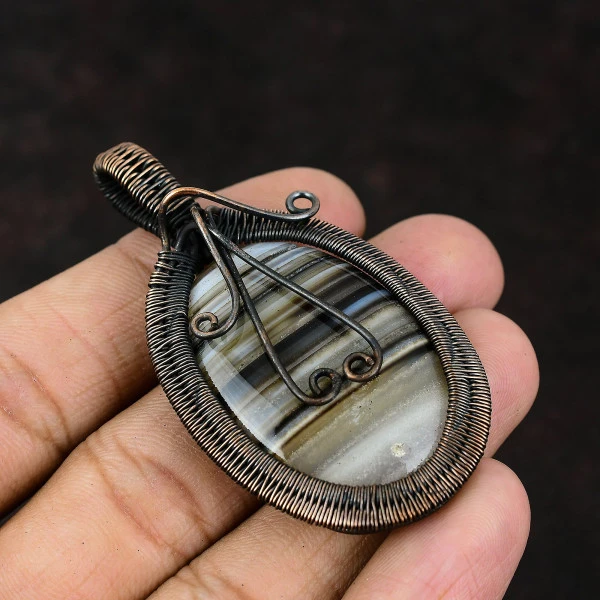 K2 Jasper Oval White Handmade Copper Wire Wrapped Pendant