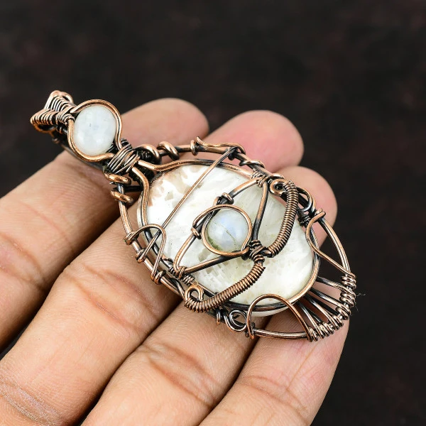 Scolecite Oval White Handmade Copper Wire Wrapped Pendant