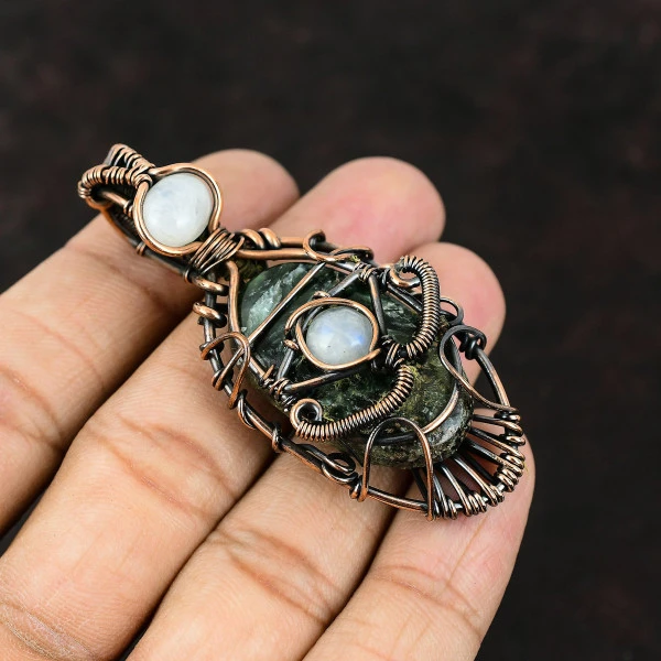 Seraphinite Oval Green Handmade Copper Wire Wrapped Pendant