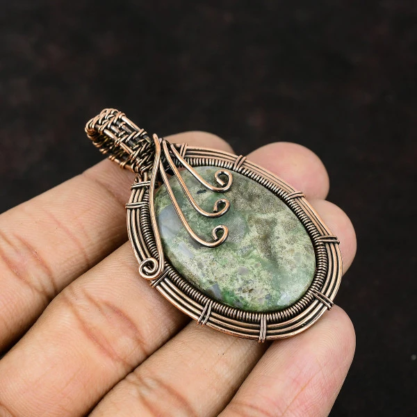 Neon Apatite Pear Blue Handmade Copper Wire Wrapped Pendant