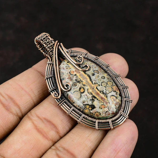 Fossil Coral Marquise Yellow Handmade Copper Wire Wrapped Pendant