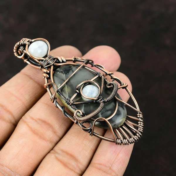 Picasso Jasper Oval Black Handmade Copper Wire Wrapped Pendant
