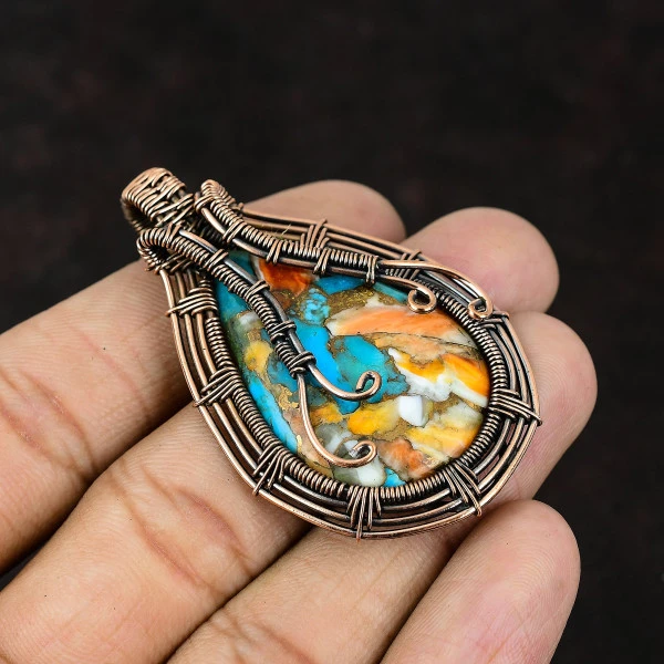 Chrysanthemum Oval Black Handmade Copper Wire Wrapped Pendant