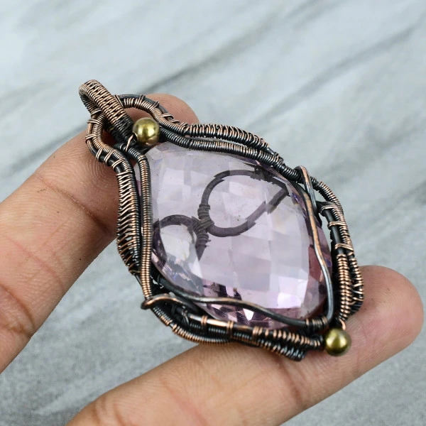 Rock Calci Pear Brown Handmade Copper Wire Wrapped Pendant