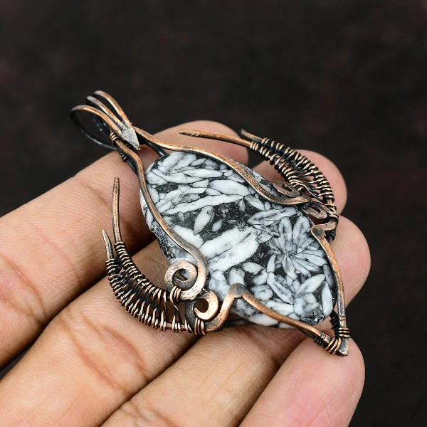 Maligano Jasper Oval Black Handmade Copper Wire Wrapped Pendant