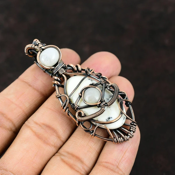Dendrite Opal Oval White Handmade Copper Wire Wrapped Pendant
