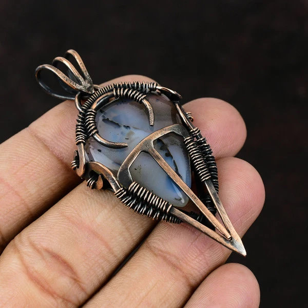 Moldavite Round Green Handmade Copper Wire Wrapped Pendant