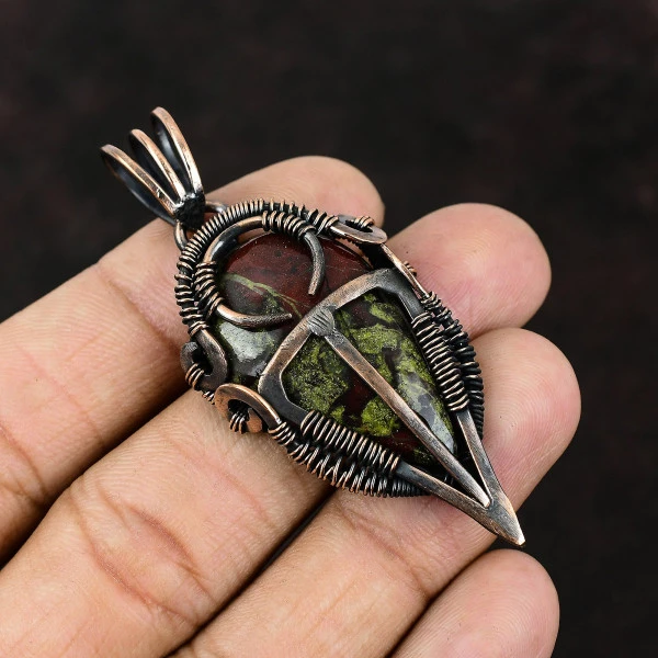 Moldavite Round Green Handmade Copper Wire Wrapped Pendant
