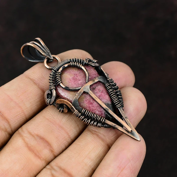 Ammonite Fossil Pear Brown Handmade Copper Wire Wrapped Pendant