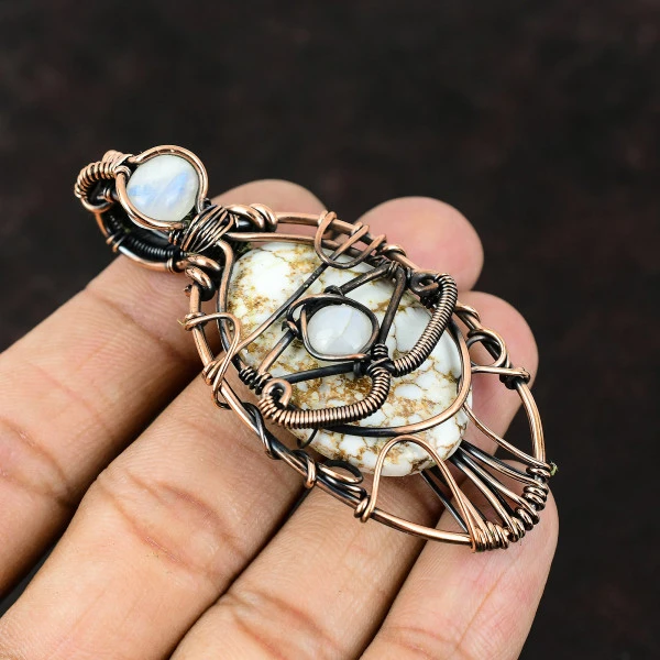 Wild Horse Magnesite Oval White Handmade Copper Wire Wrapped Pendant