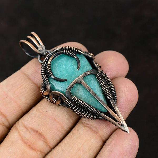 Rhodonite Oval Pink Handmade Copper Wire Wrapped Pendant
