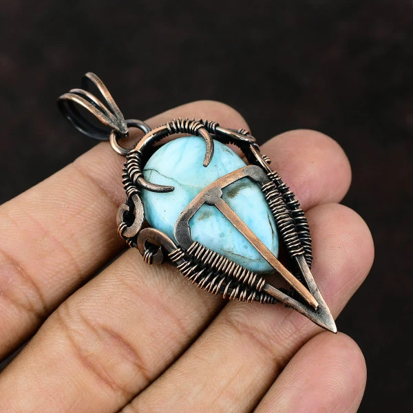 Tiger's Eye Oval Yellow Handmade Copper Wire Wrapped Pendant