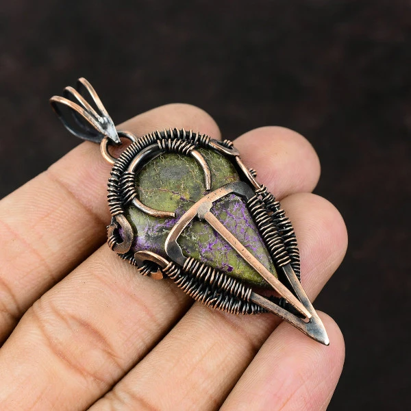 Kambaba Jasper Oval Green Handmade Copper Wire Wrapped Pendant